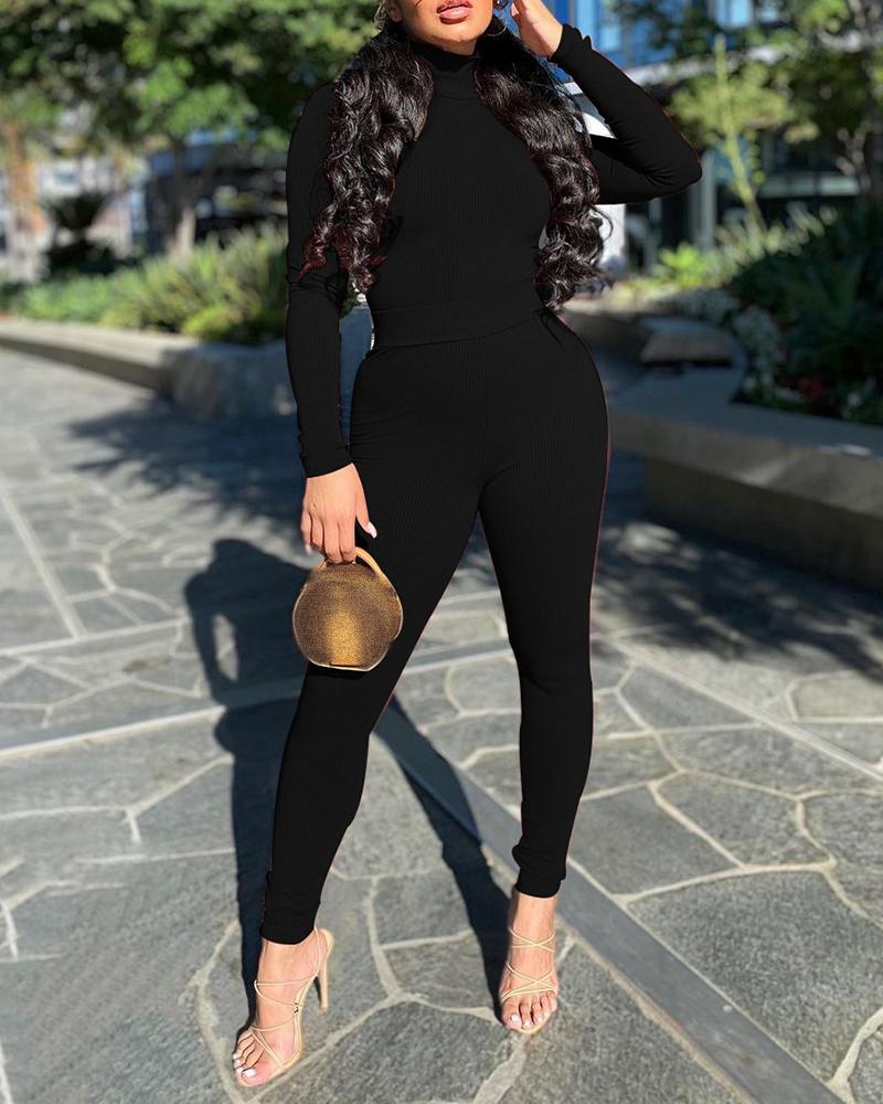 

High Neck Long Sleeve Ribbed Top & Pants Set, Black