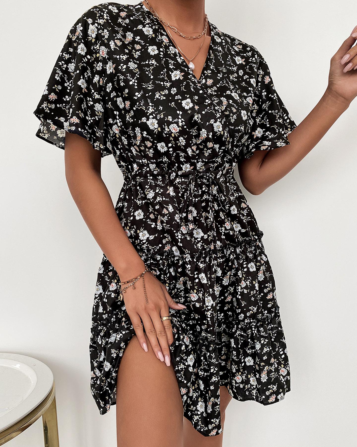 

Floral V-Neck Smock Dress, Black