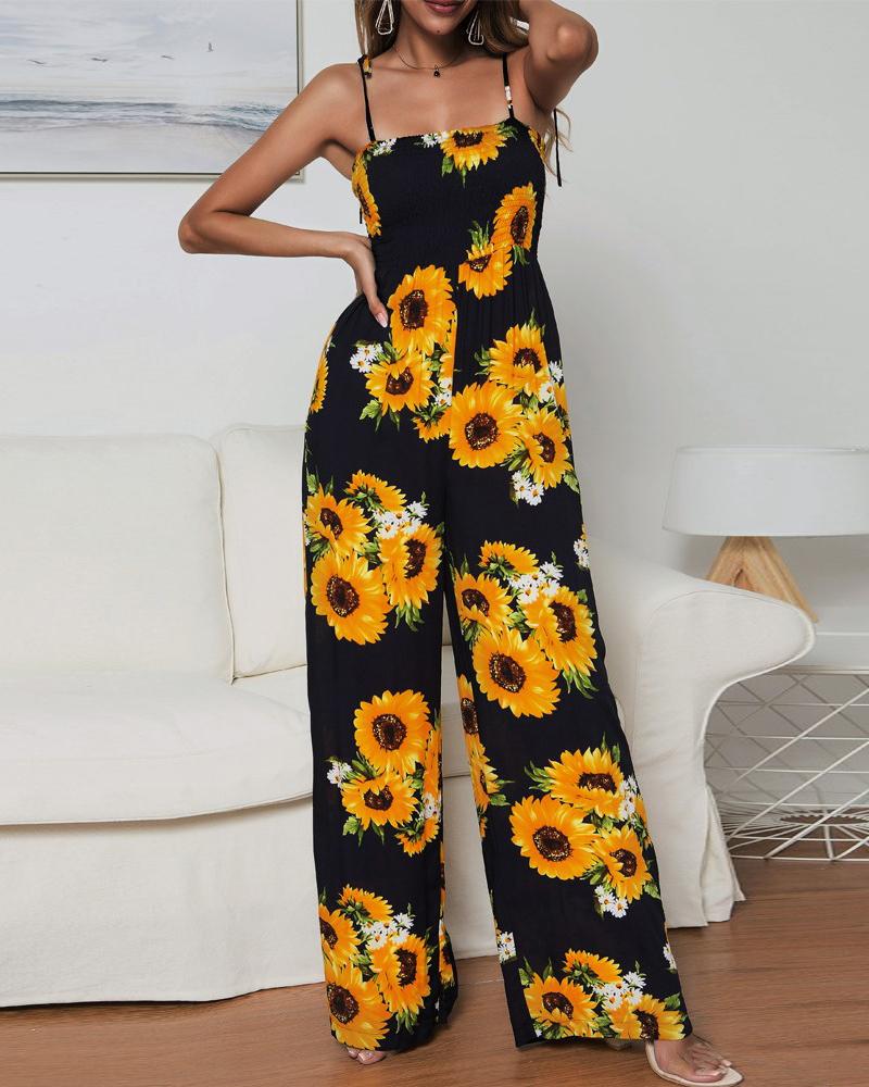 

Sunflower Print Spaghetti Strap Jumpsuit, Dark blue