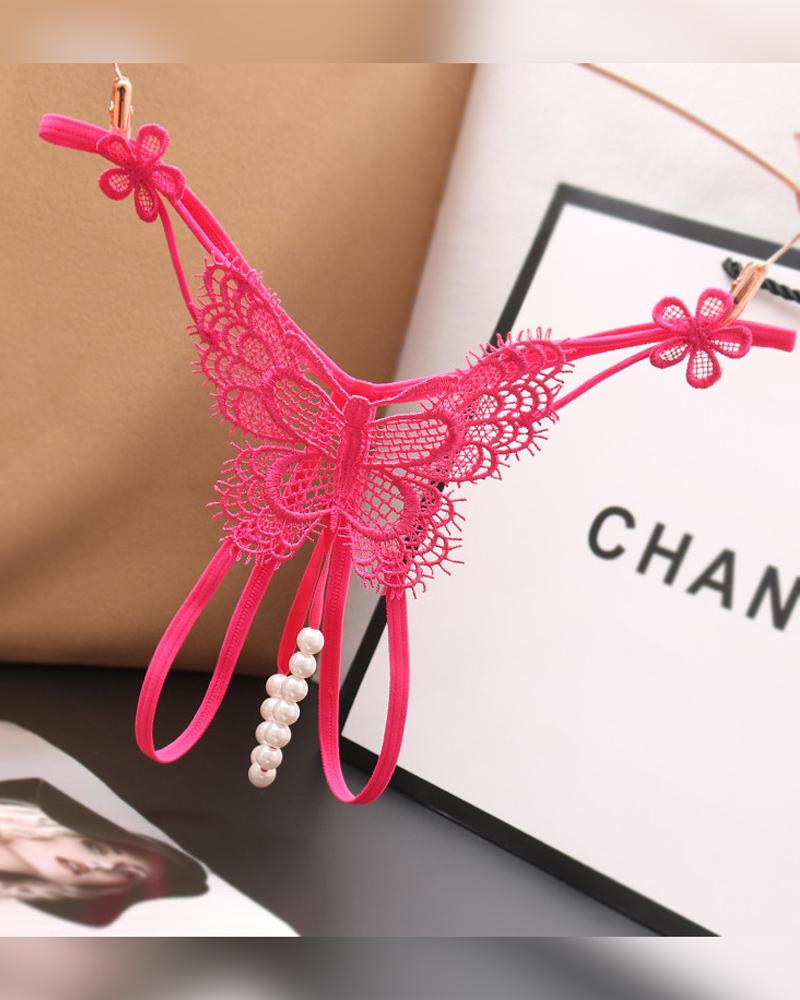 

Solid Lace Patchwork Skinny T-string Panties, Hot pink