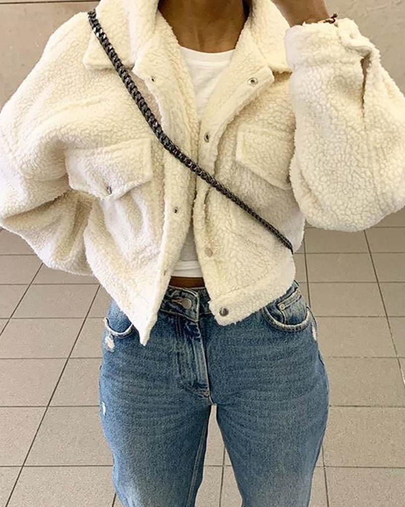 

Fluffy Plain Pocket Design Teddy Coat, Beige