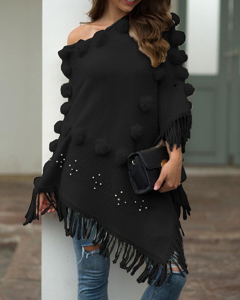 

Tassel Design Pom Pom Casual Cloak Sweater, Black