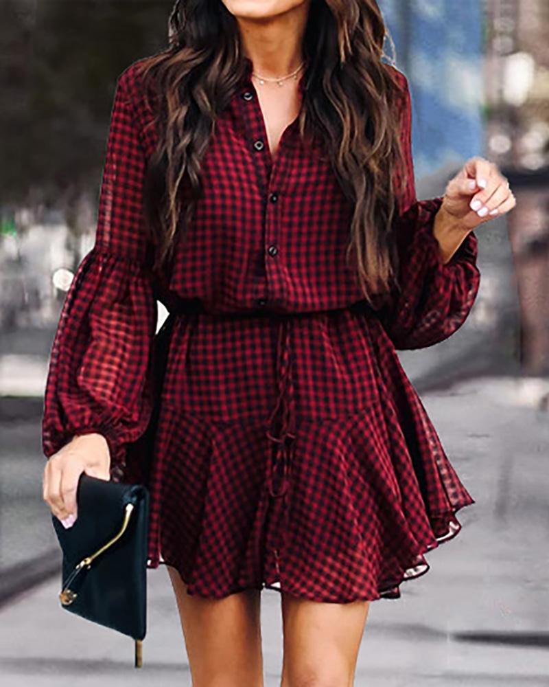 

Lantern Sleeve Button Design Ruffle Hem Dress, Red