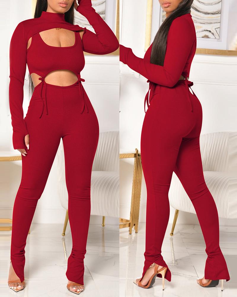 

Plain Long Sleeve Women Top & Thick Strap Tank & Slit Pants Set, Red
