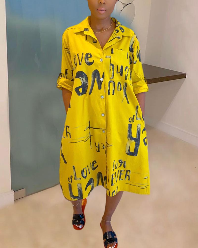 

Printing Half Sleeve Shirt Dress, Yellow