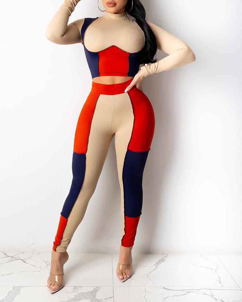 

Colorblock Long Sleeve Crop Top & High Waist Pants Set, Khaki