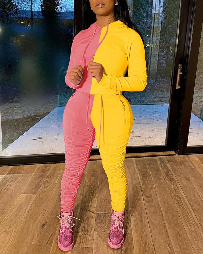 

Colorblock Hooded Top & Ruched Pants Set, Yellow