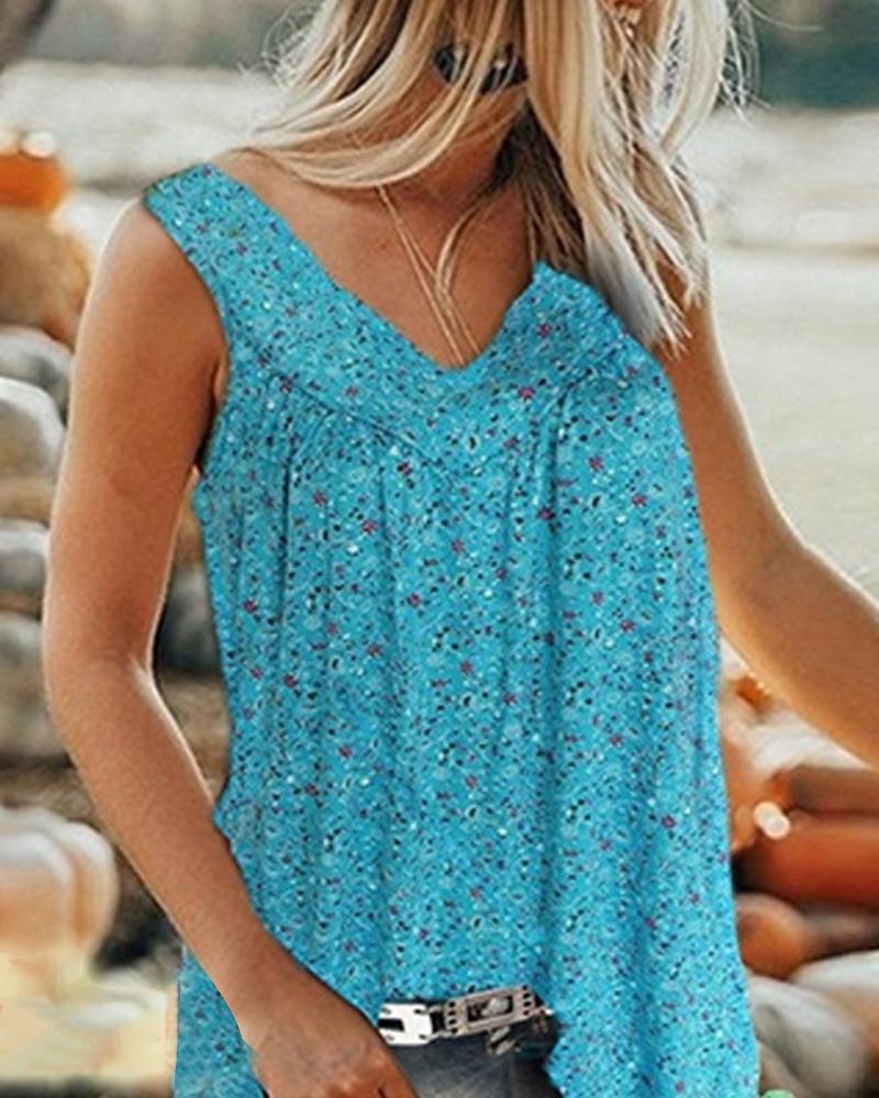 

Floral Print Sleeveless Tank, Blue