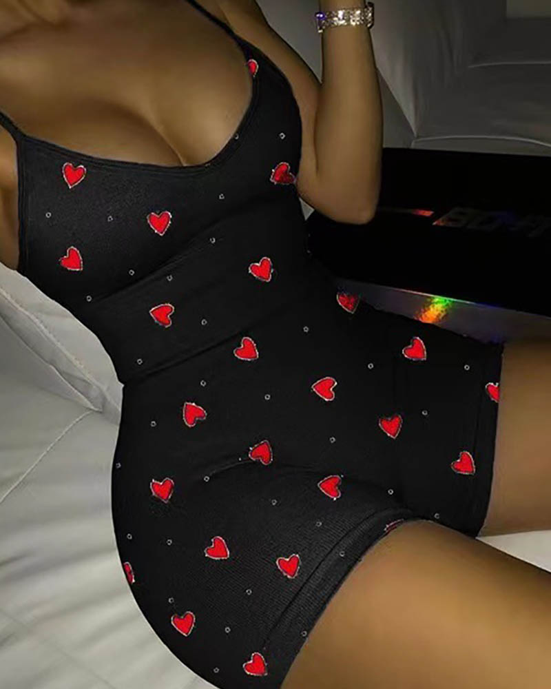 

Heart Print Spaghetti Strap Skinny Romper, Black