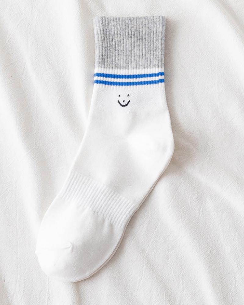 

1Pair Smile Face Embroidery Colorblock Crew Socks, Gray