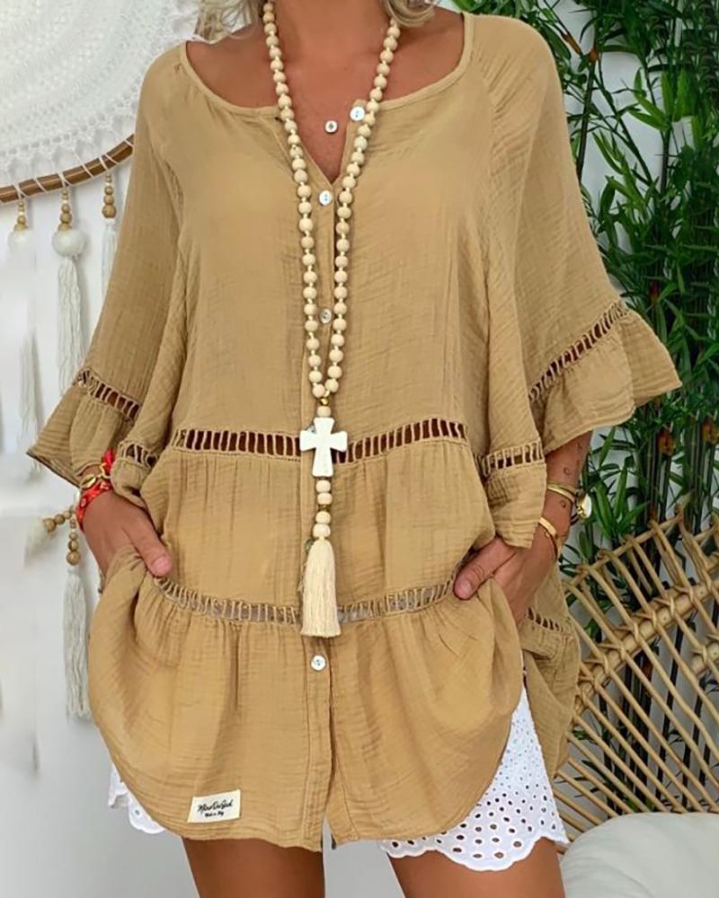 

Ruffles Bell Sleeve Hollow Out Casual Dress, Khaki
