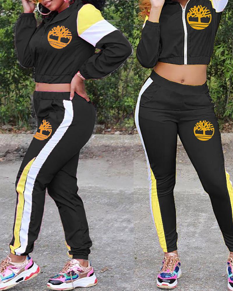

Colorblock Zipper Design Top & Pants Set, Black