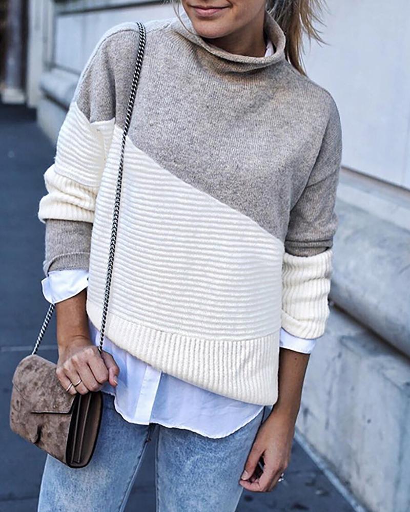 

Colorblock Long Sleeve Knit Sweater, Gray
