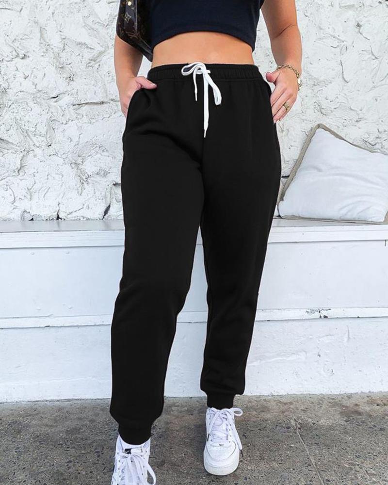 

Solid Drawstring Loose Sporty Jogger Fleece Pants, Black