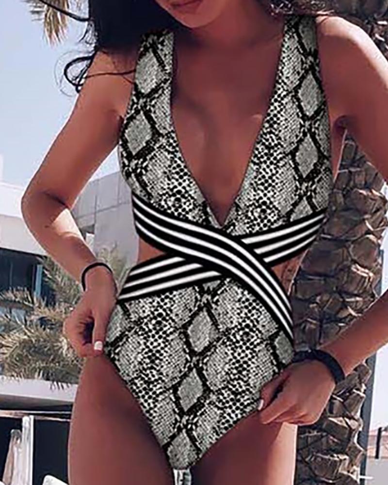 

Print Striped One Piece Swimsuit, Gray