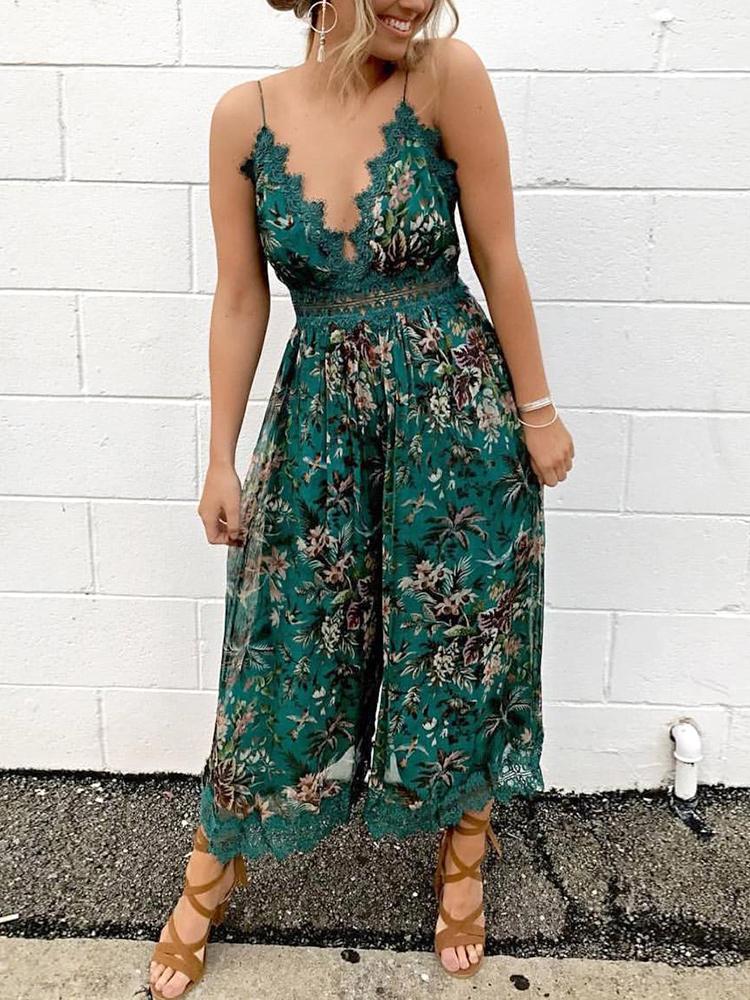 

Floral Print Guipure Lace Detail Wide Leg Jumpsuits, Green