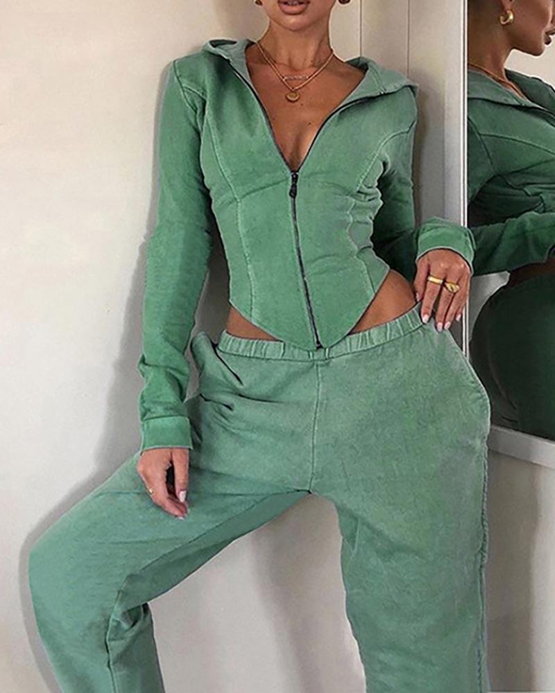 

Zipper Design Hooded Top & Pants Set, Green