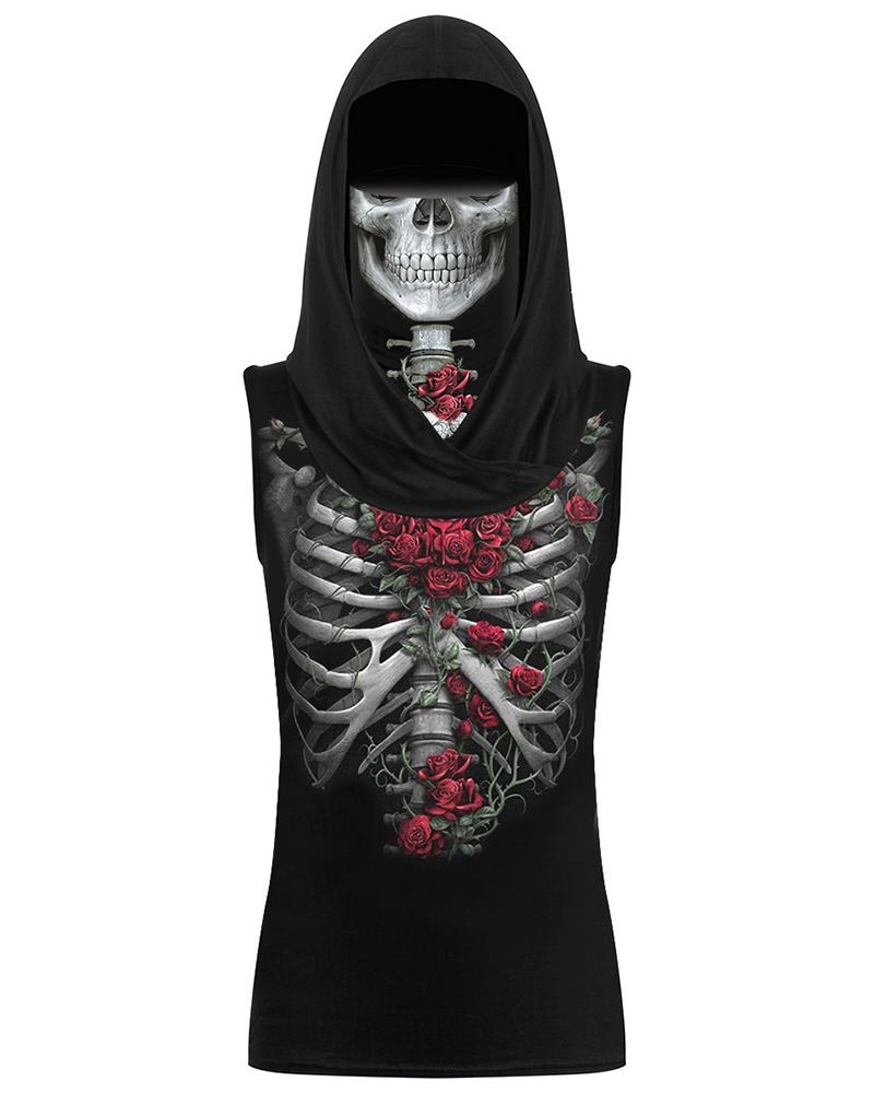 

Skull&Rose Print Hooded Tank Top With Ear Loop Face Bandana, Black