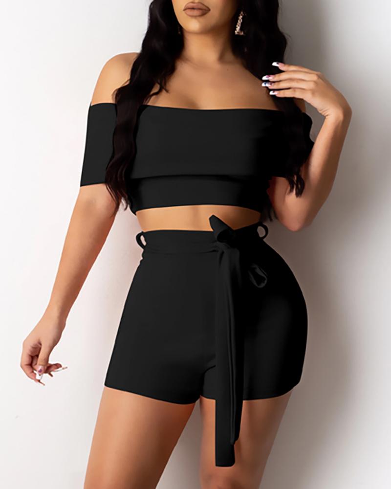 

Off Shoulder Solid Crop Top & Short Pant, Black