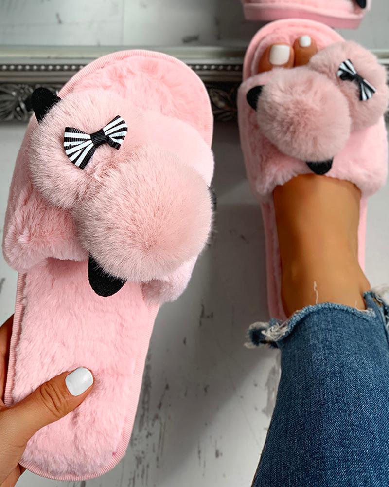 

Fluffy Pom Pom Bowknot Embellished Open Toe Flat Slippers, Light purple