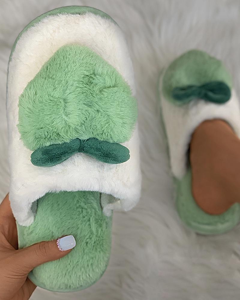 

Peach Pattern Colorblock Fluffy Slippers, Green