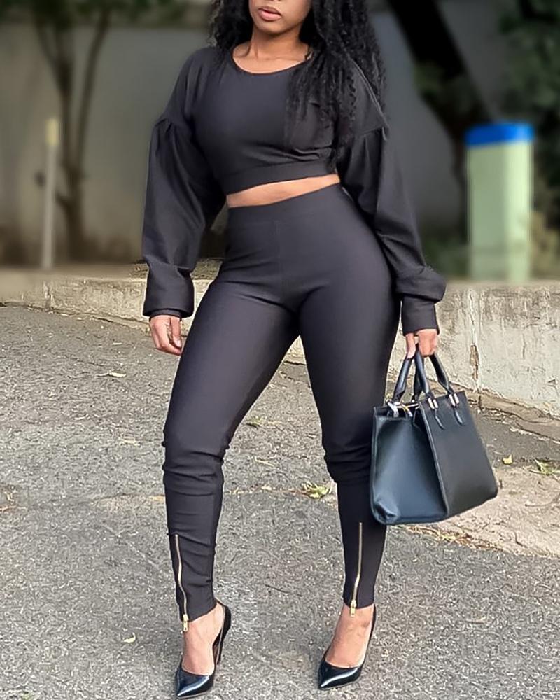 

Puffed Sleeve Plain Top & Zipper Design Pants Set, Black