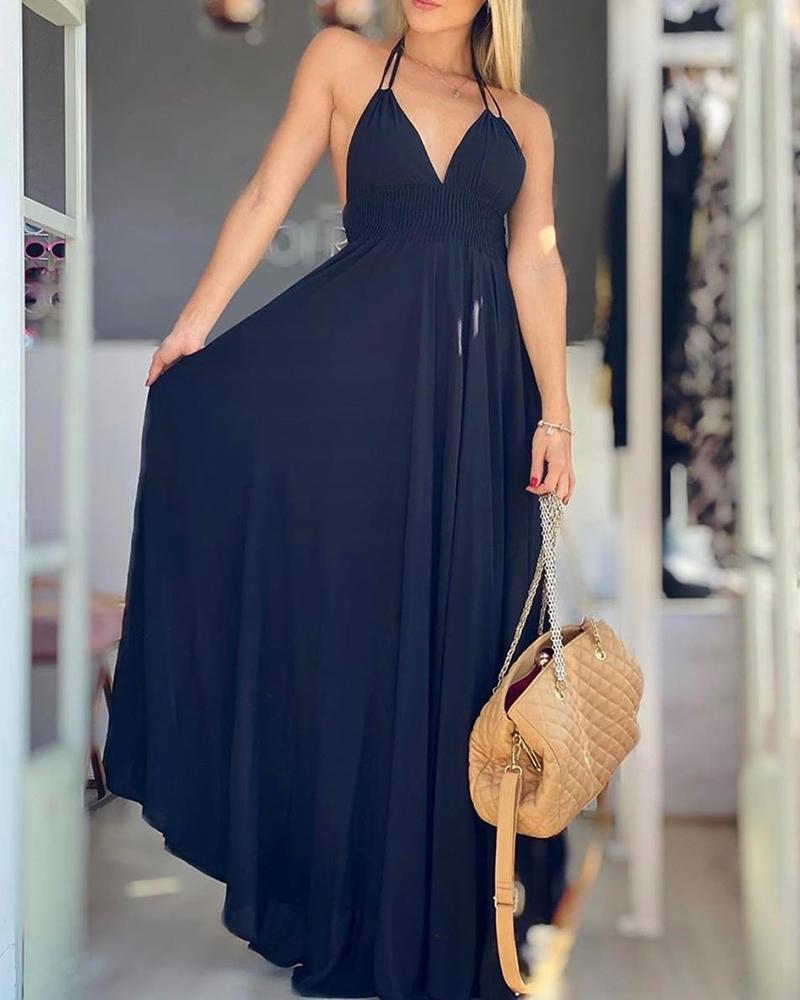 

Halter Shirring Design Double Strap Backless Maxi Dress, Black