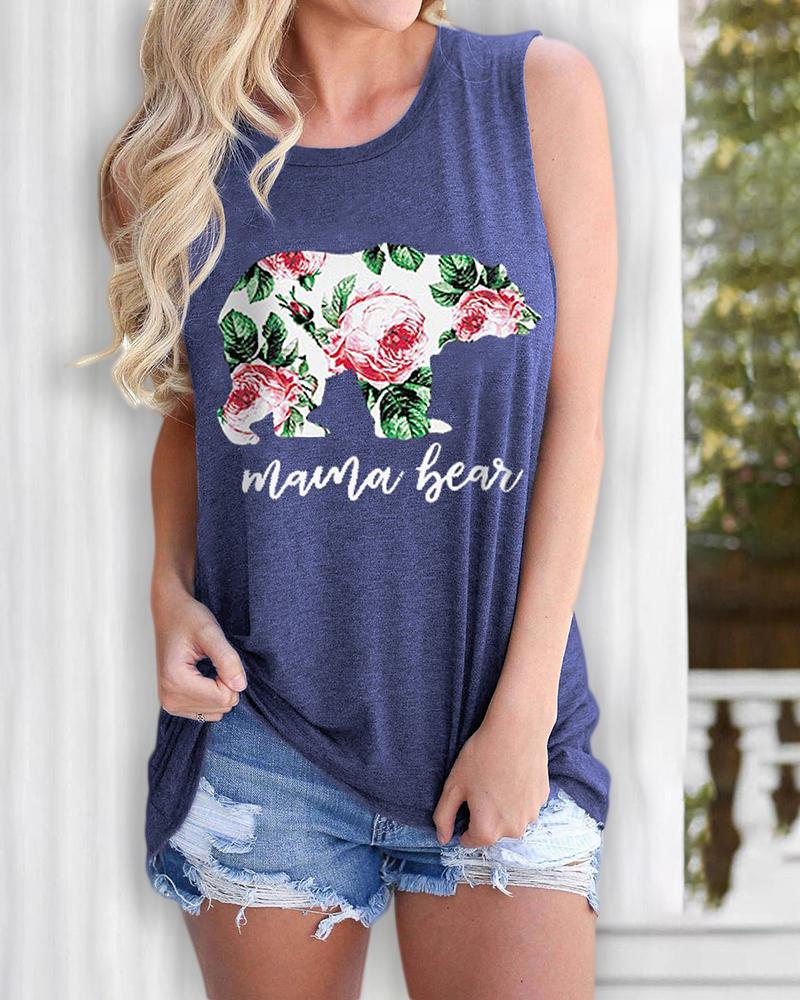 

Letter / Floral / Bear Print Casual Tank Top, Blue