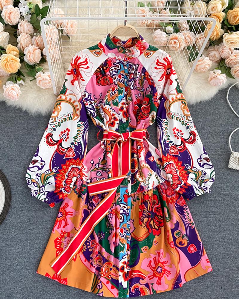 

Boho Style Lace-up All Over Print Long Sleeve Maxi Dress, Multicolor