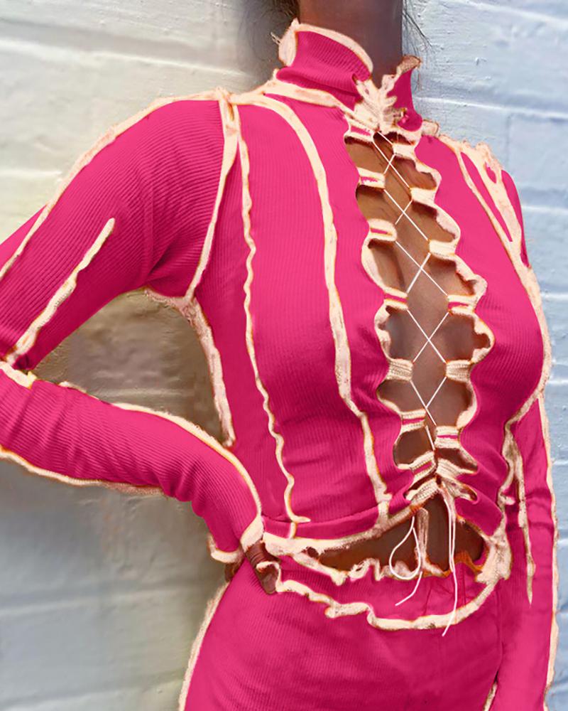 

Frill Hem Cutou Lace-up Tassel Crop Top, Hot pink
