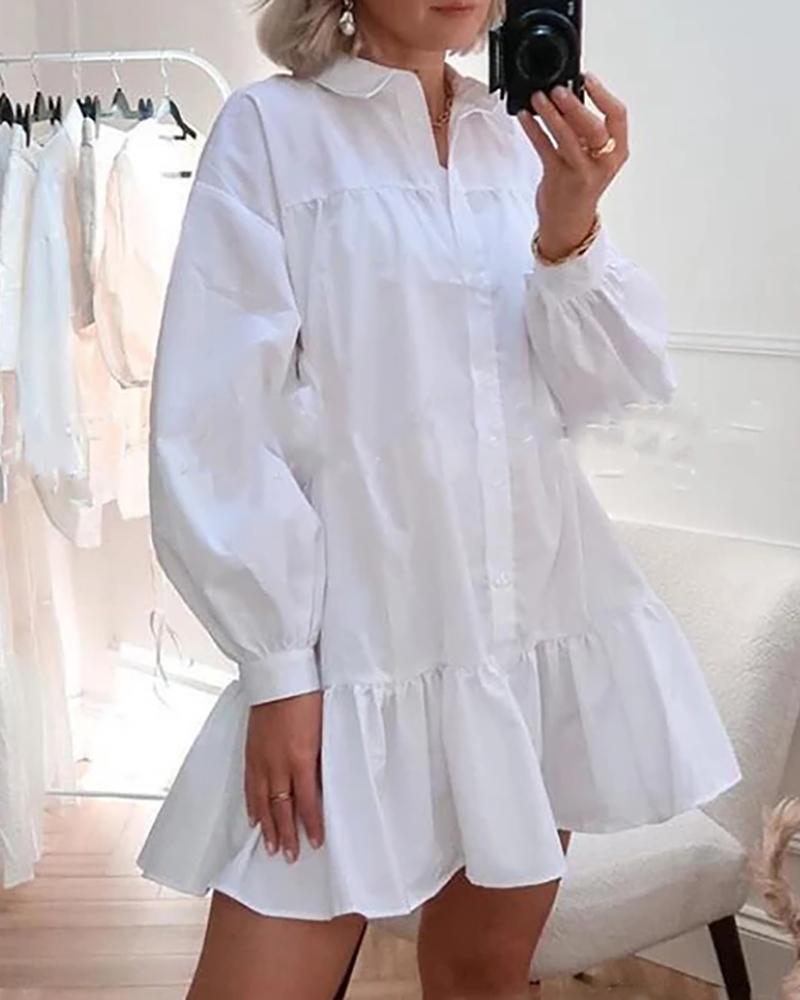 

Button Design Lantern Sleeve Ruffle Hem Shirt Dress, White