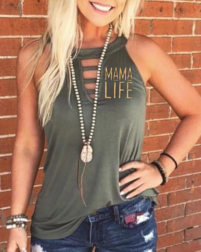 

Letter Print Cut Out Sleeveless Casual T-shirt, Green