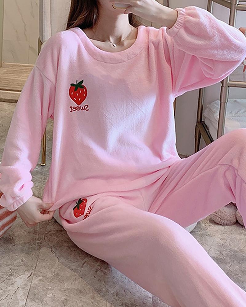 

Pineapple Pattern Long Sleeve Fluffy Pajama Set, Light pink