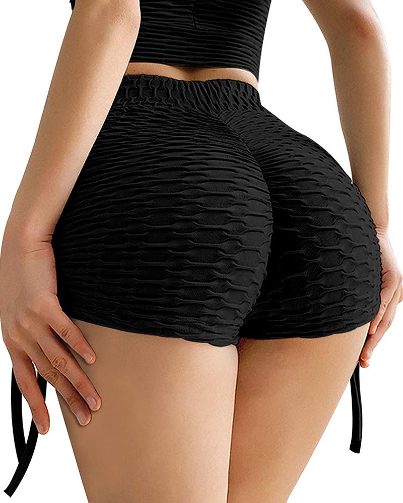 

Butt Lifting Ruched Textured High Waist Adjustable Yoga Shorts, Black