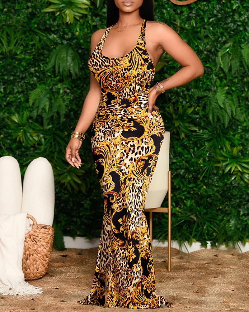 

Cheetah Graphic / Tropical Print Backless Mermaid Dress, Yellow