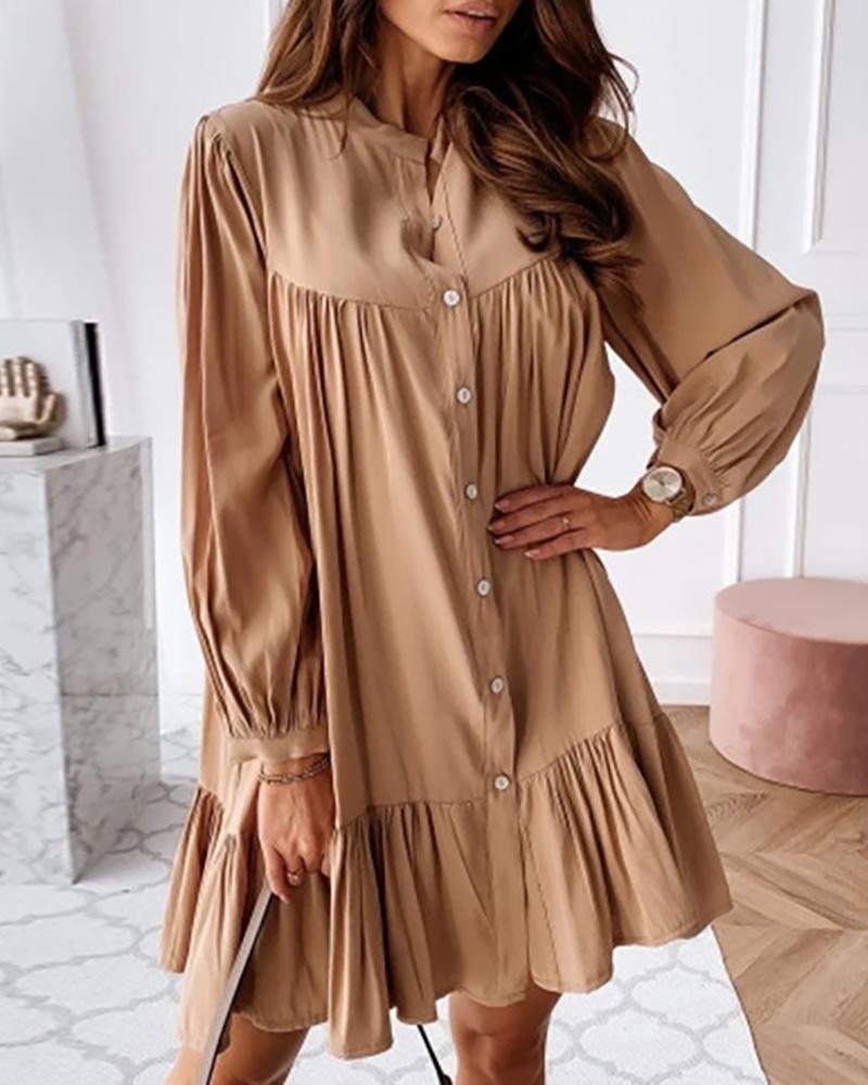 

Button Design Lantern Sleeve Casual Dress, Coffee