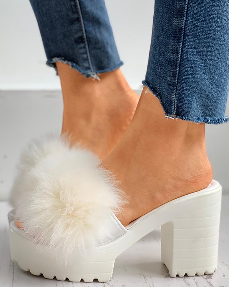 

Fluffy Colorblock Peep Toe Chunky Heels, White