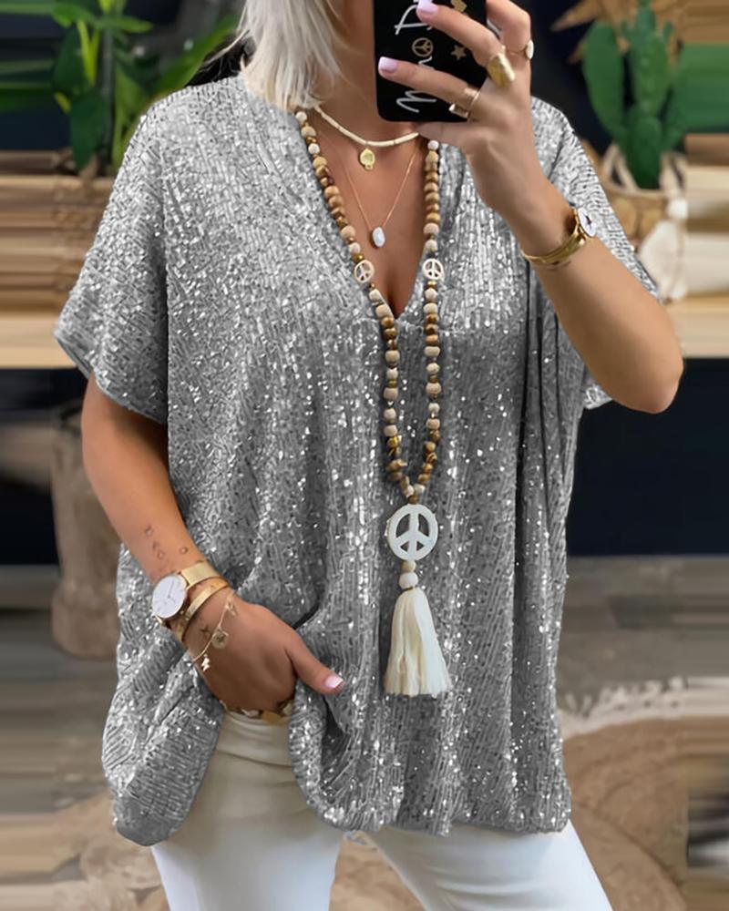 

Sequins V Neck Short Sleeve T-Shirt, Silver