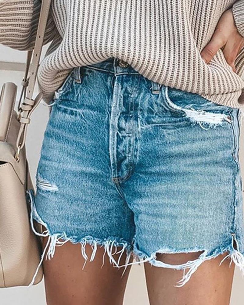 

Distressed Fringe Hem Pockets Casual Denim Shorts, Blue