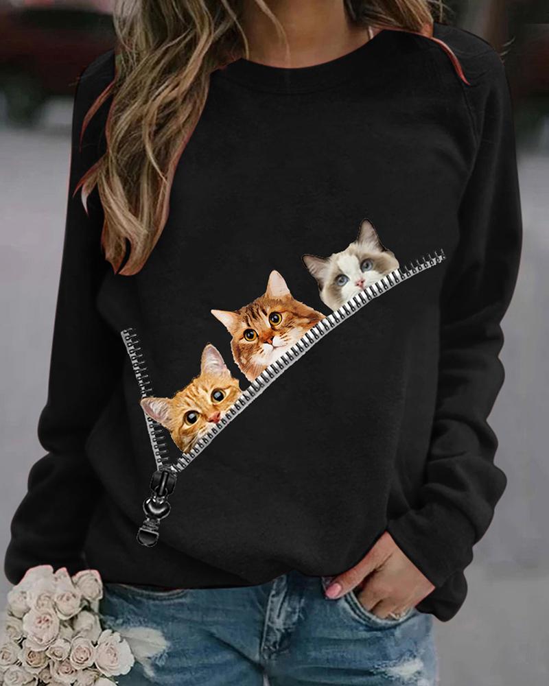 

Zipper Design Animal Print Round Neck Sweatshirt, Black