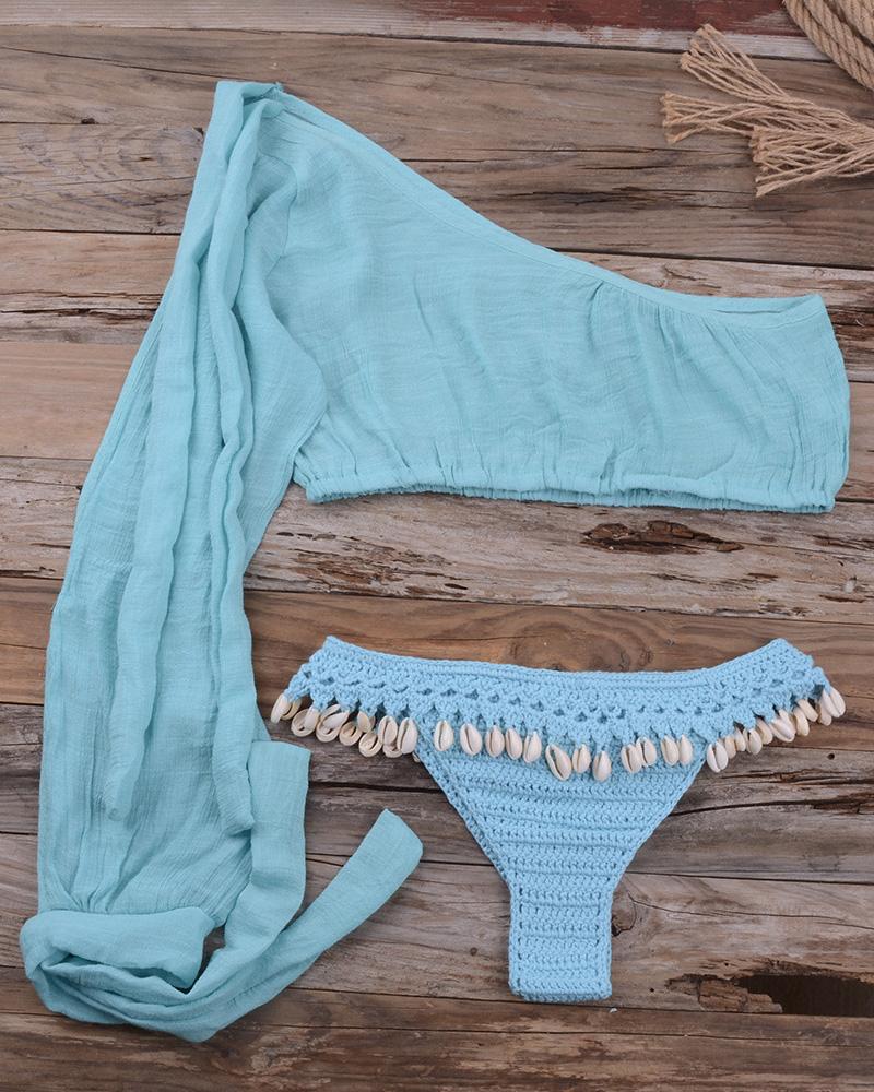 

One Shoulder Pompom Crochet Tankini Set, Blue