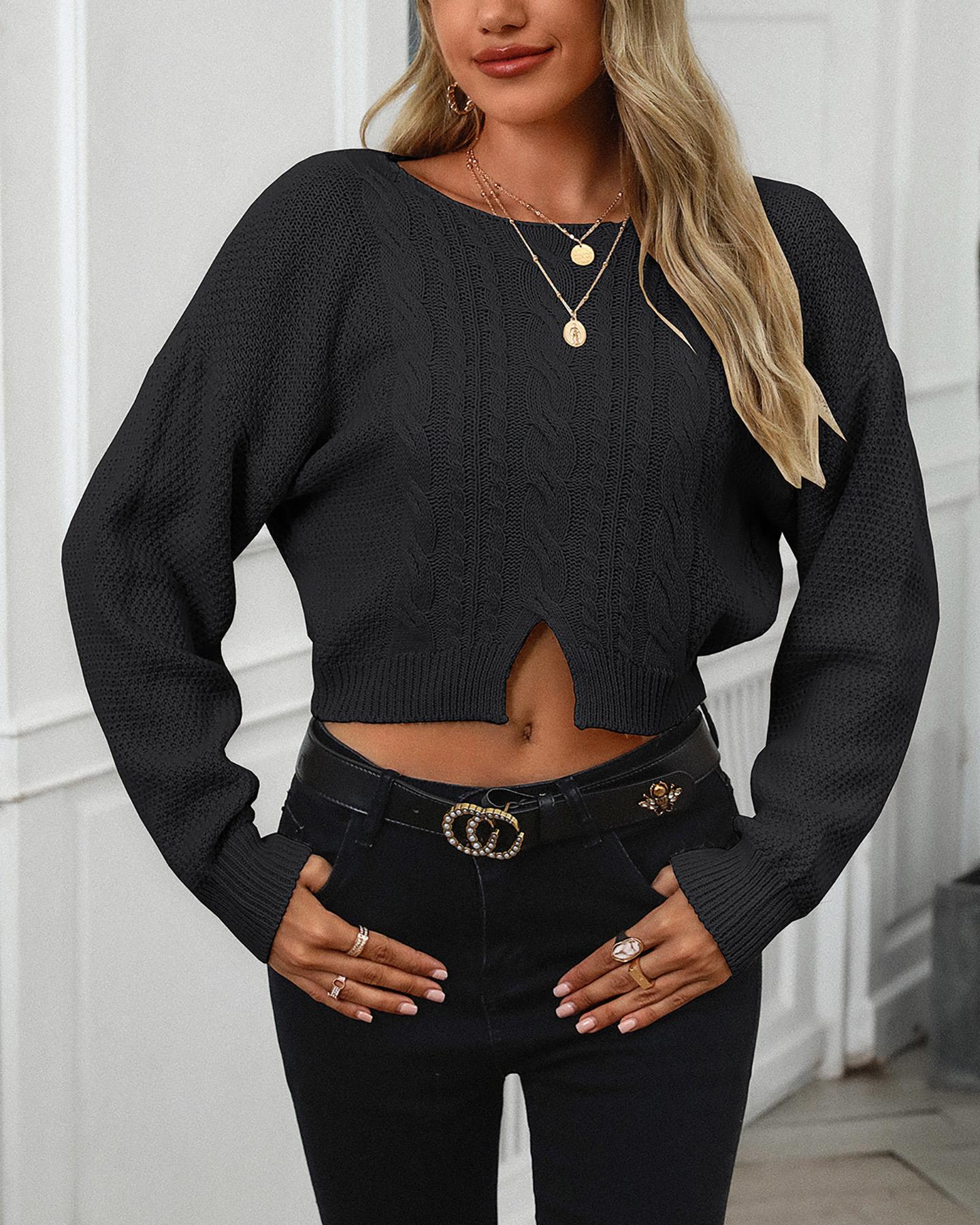 

Cable Knit Long Sleeve Crop Sweater, Black