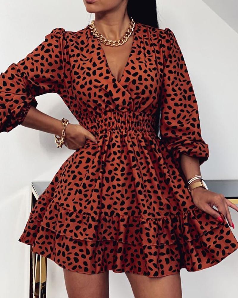 

Cheetah Print Puff Sleeve Ruffle Hem Surplice Dress, Leopard