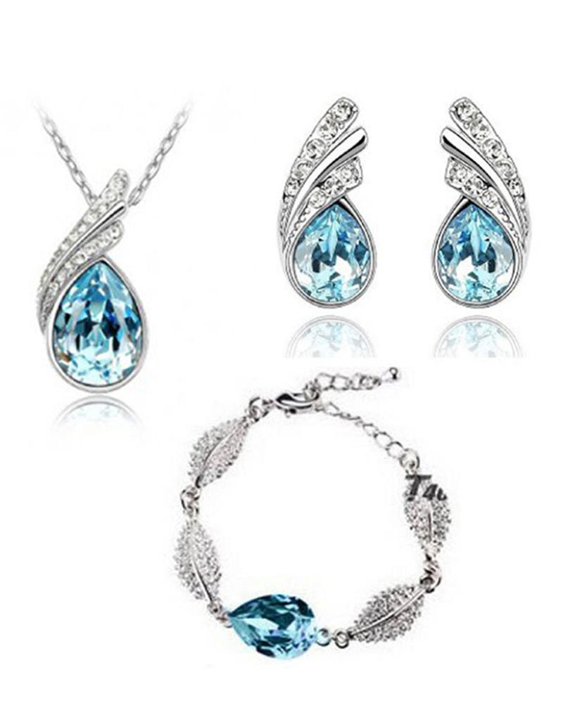 

4PCS Teardrops Stud Pendant Necklace & Earrings & Bracelet Set, Blue