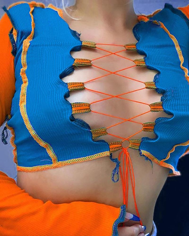 

Bell Sleeve Frill Hem Lace-up Crop Top, Blue