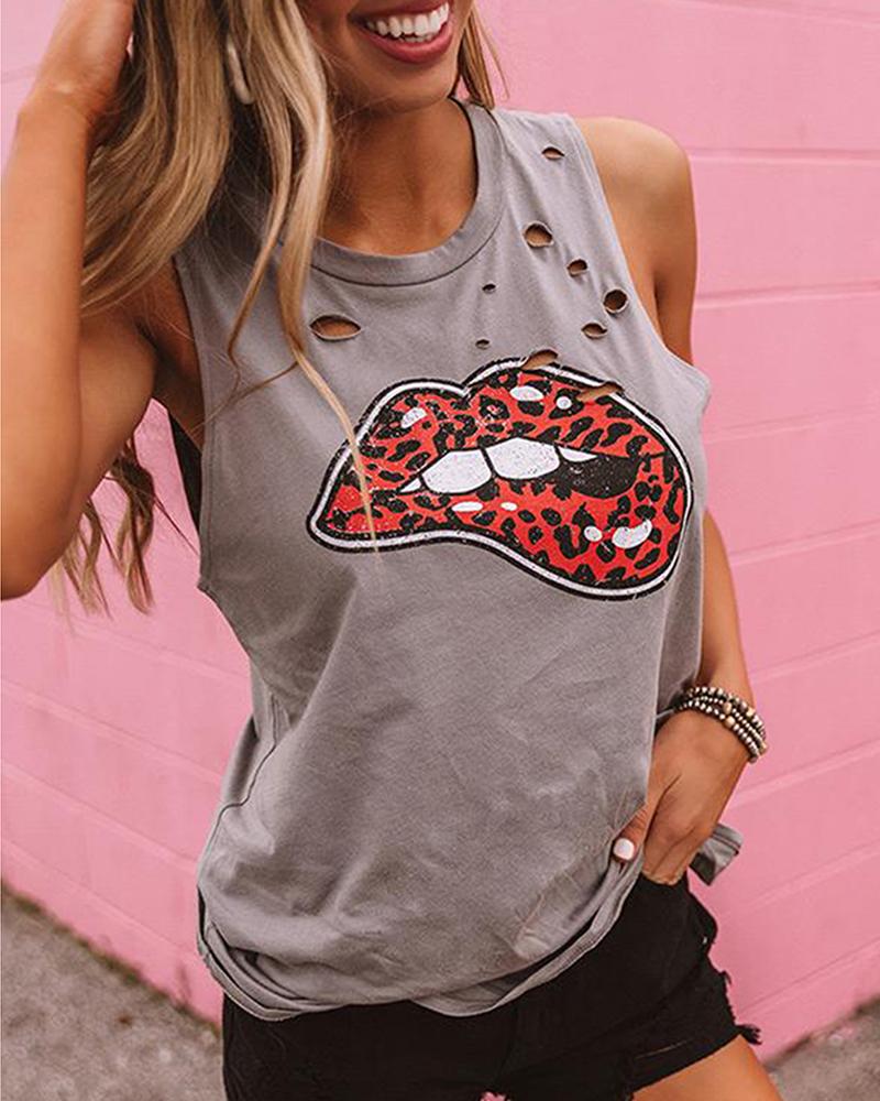 

Lip Print Hollow Out Casual Top, Gray