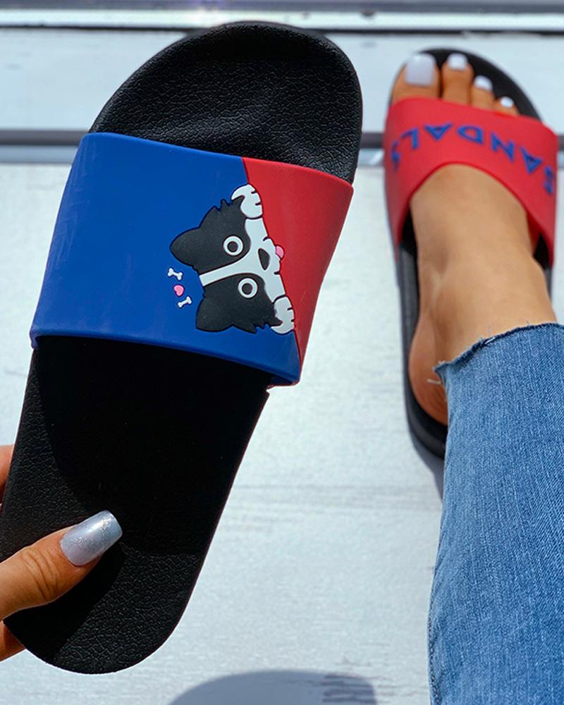 

Animal Letter Print Colorblock Flat Sandals, Blue