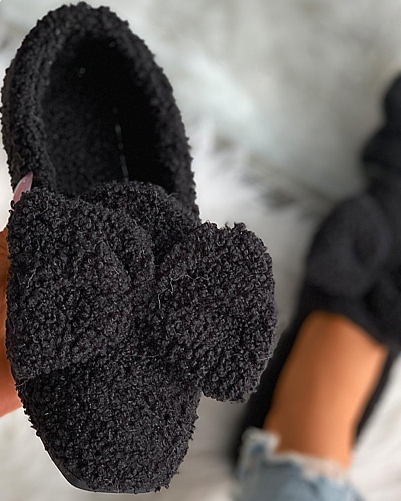 

Bowknot Detail Square Toe Fluffy Shoes, Black