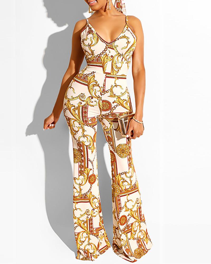 

Spaghetti Strap Baroque Print Knotted Casual Jumpsuit, White