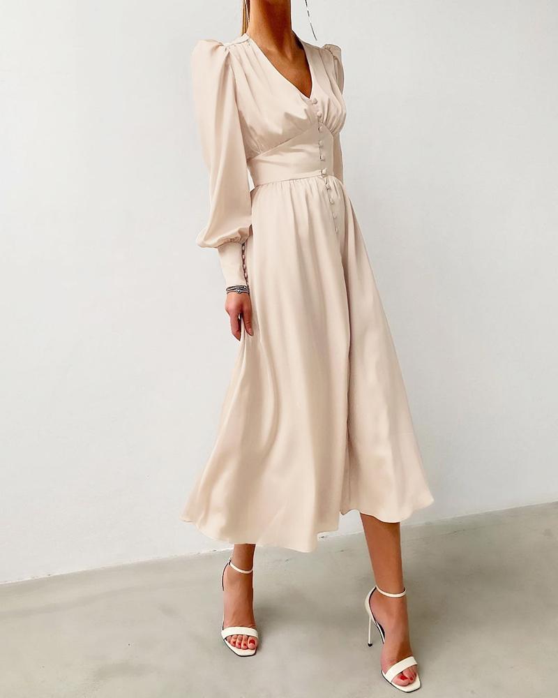 

Lantern Puff Sleeve Button Front Casual Dress, Beige